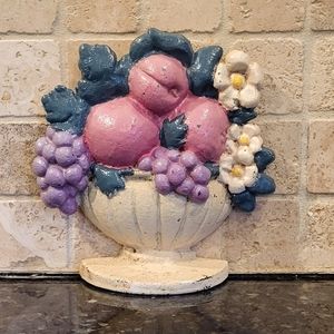 Antique Painted Flower and Fruit Basket Cast Iron Door Stop